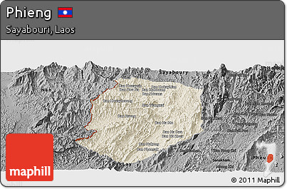 Shaded Relief Panoramic Map of Phieng, darken, desaturated
