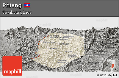 Shaded Relief Panoramic Map of Phieng, darken, semi-desaturated