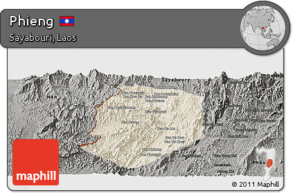 Shaded Relief Panoramic Map of Phieng, darken, semi-desaturated