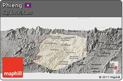 Shaded Relief Panoramic Map of Phieng, darken, semi-desaturated