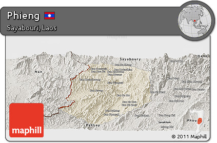 Shaded Relief Panoramic Map of Phieng, semi-desaturated