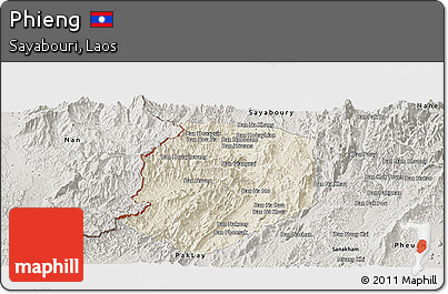 Shaded Relief Panoramic Map of Phieng, semi-desaturated