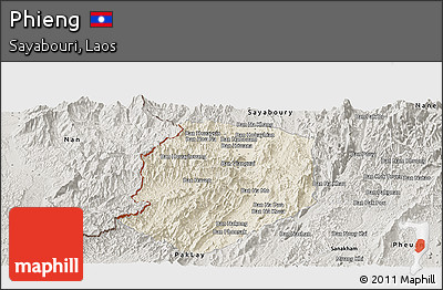 Shaded Relief Panoramic Map of Phieng, semi-desaturated