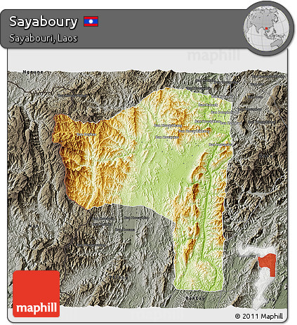 Physical 3D Map of Sayaboury, darken, semi-desaturated