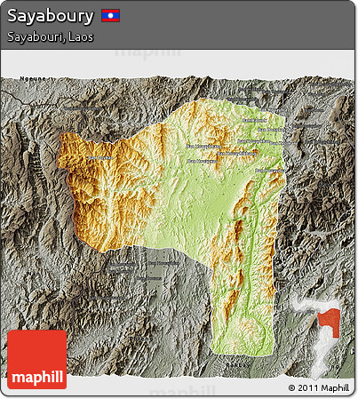Physical 3D Map of Sayaboury, darken, semi-desaturated