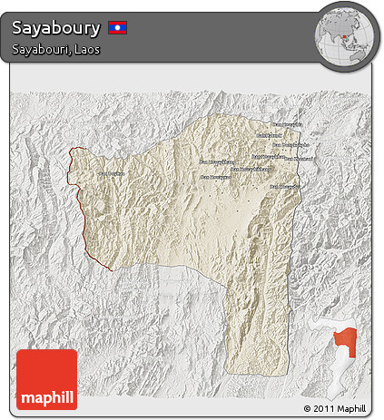 Shaded Relief 3D Map of Sayaboury, lighten, semi-desaturated