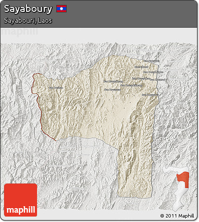 Shaded Relief 3D Map of Sayaboury, lighten, semi-desaturated