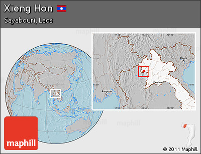 Gray Location Map of Xieng Hon, highlighted country, hill shading