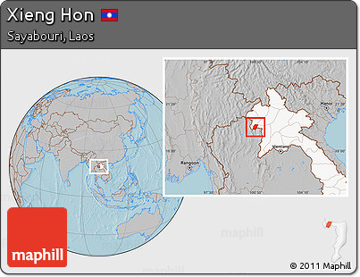 Gray Location Map of Xieng Hon, highlighted country, hill shading