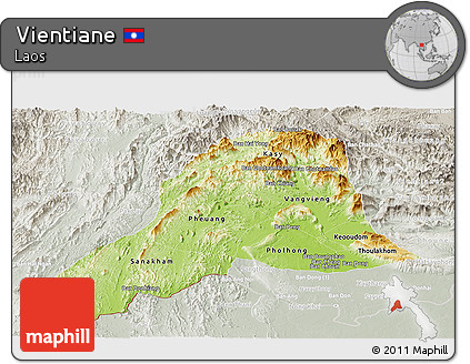 Physical Panoramic Map of Vientiane, lighten, semi-desaturated