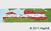 Flag Panoramic Map of Latvia, satellite outside, bathymetry sea, flag centered