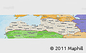 Shaded Relief Panoramic Map of Latvia, political shades outside, shaded relief sea