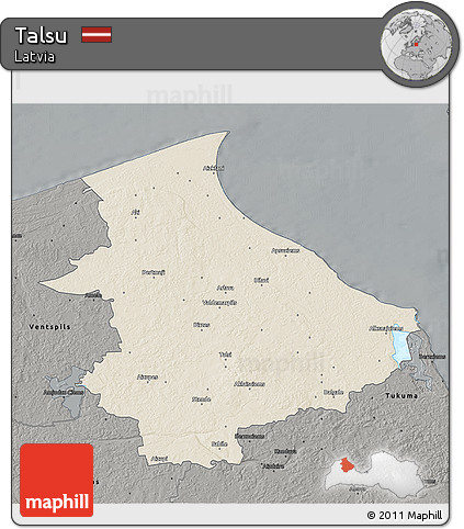 Shaded Relief 3D Map of Talsu, darken, semi-desaturated
