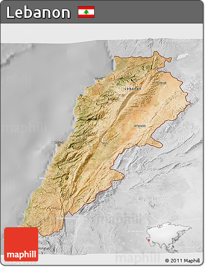 Satellite 3D Map of Lebanon, lighten, desaturated