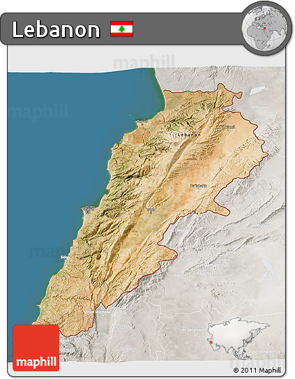 Satellite 3D Map of Lebanon, lighten, semi-desaturated, land only