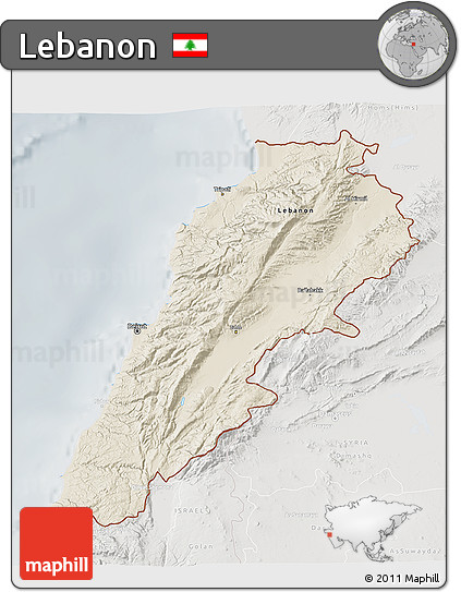 Shaded Relief 3D Map of Lebanon, lighten, semi-desaturated