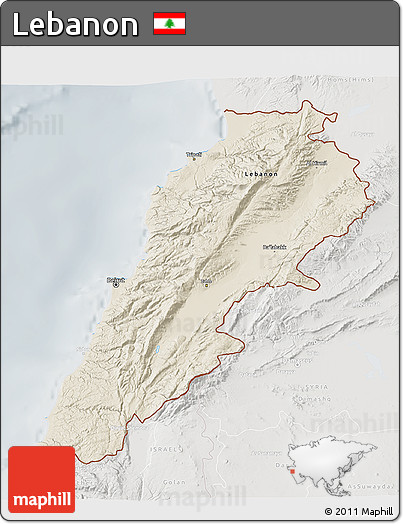 Shaded Relief 3D Map of Lebanon, lighten, semi-desaturated