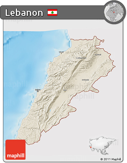 Shaded Relief 3D Map of Lebanon, single color outside
