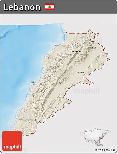 Shaded Relief 3D Map of Lebanon, single color outside