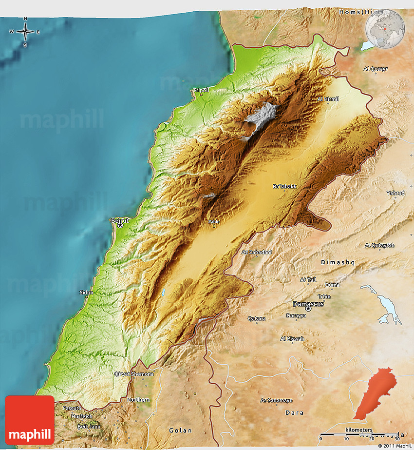 Physical 3D Map of Lebanon, satellite outside