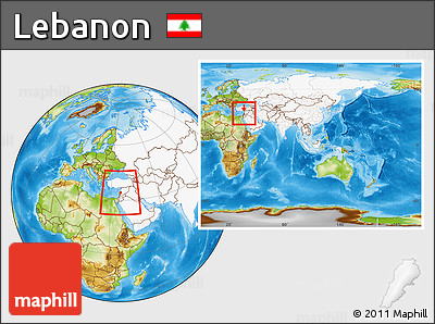 Physical Location Map of Lebanon, highlighted continent, within the entire continent