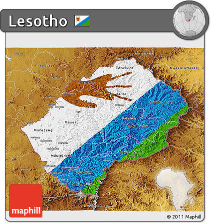 Flag 3D Map of Lesotho, physical outside, flag rotated