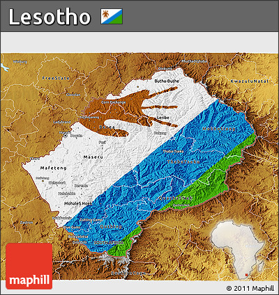 Flag 3D Map of Lesotho, physical outside, flag rotated