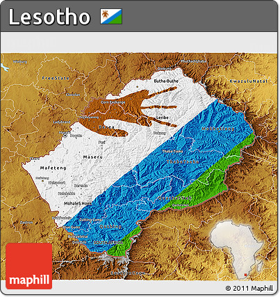Flag 3D Map of Lesotho, physical outside, flag rotated