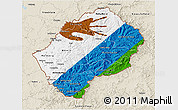 Flag 3D Map of Lesotho, shaded relief outside, flag rotated
