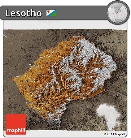 Physical 3D Map of Lesotho, darken, semi-desaturated