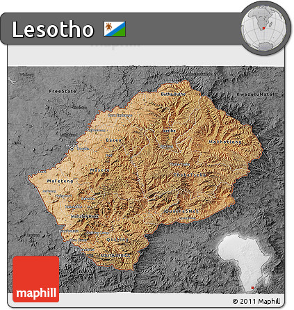 Satellite 3D Map of Lesotho, darken, desaturated