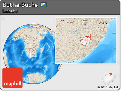 Shaded Relief Location Map of Butha-Buthe, highlighted country, within the entire country