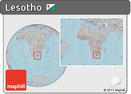 Gray Location Map of Lesotho, within the entire continent, hill shading