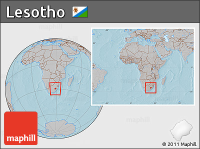 Gray Location Map of Lesotho, within the entire continent, hill shading