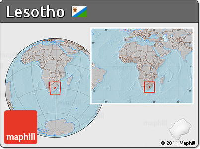 Gray Location Map of Lesotho, within the entire continent, hill shading