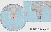 Gray Location Map of Lesotho, within the entire continent, hill shading