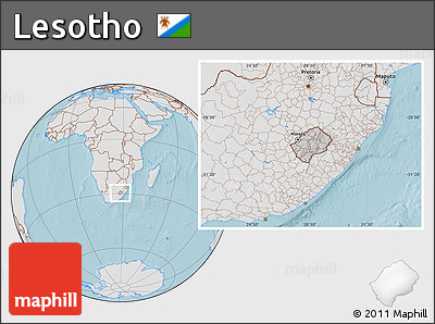 Gray Location Map of Lesotho, lighten, land only, hill shading