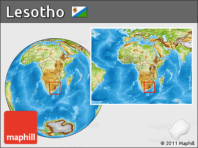 Physical Location Map of Lesotho, within the entire continent