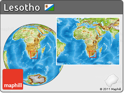 Physical Location Map of Lesotho, within the entire continent