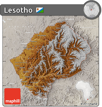 Physical Map of Lesotho, lighten, semi-desaturated