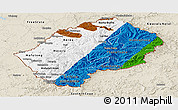 Flag Panoramic Map of Lesotho, shaded relief outside, flag aligned to the middle