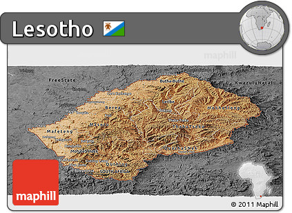 Satellite Panoramic Map of Lesotho, darken, desaturated
