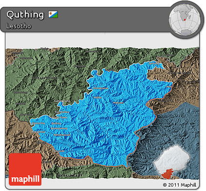 Political 3D Map of Quthing, darken, semi-desaturated