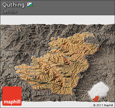Satellite 3D Map of Quthing, darken, semi-desaturated