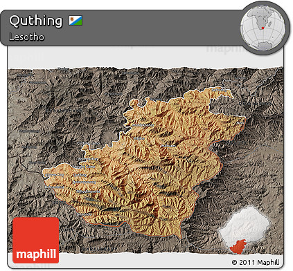 Satellite 3D Map of Quthing, darken, semi-desaturated