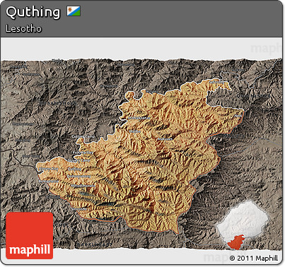 Satellite 3D Map of Quthing, darken, semi-desaturated