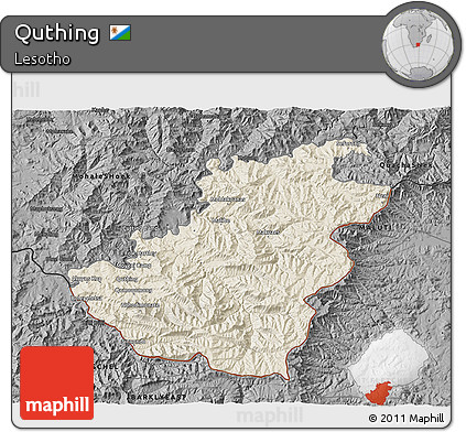 Shaded Relief 3D Map of Quthing, darken, desaturated