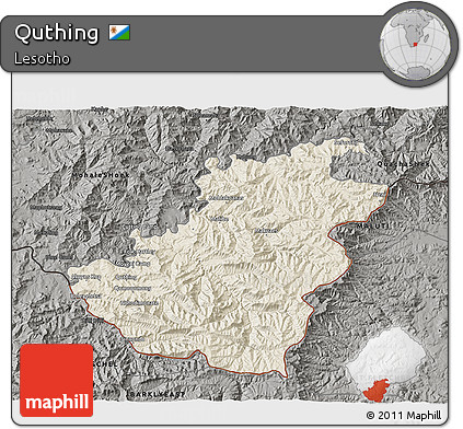 Shaded Relief 3D Map of Quthing, darken, semi-desaturated