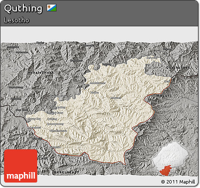 Shaded Relief 3D Map of Quthing, darken, semi-desaturated