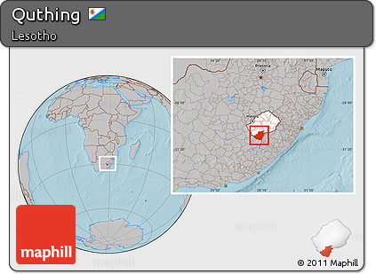 Gray Location Map of Quthing, highlighted country, within the entire country, hill shading